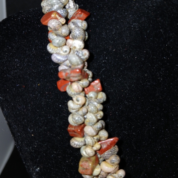 Vintage Handmade Abalone Coral Beaded Statement Necklace ,jasper pendant. 24 in - Picture 4 of 10